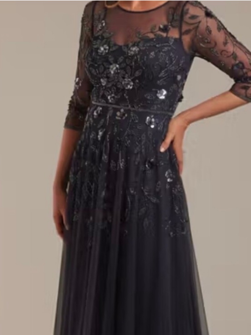 Hutch Navy Sequin Mesh Long-Sleeve Evening Dress